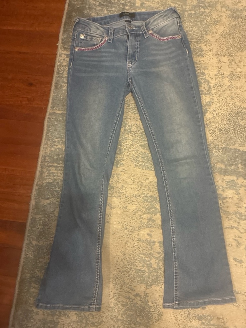 True Religion Women's Light Blue Bootcut Jeans with Embroidered Pockets